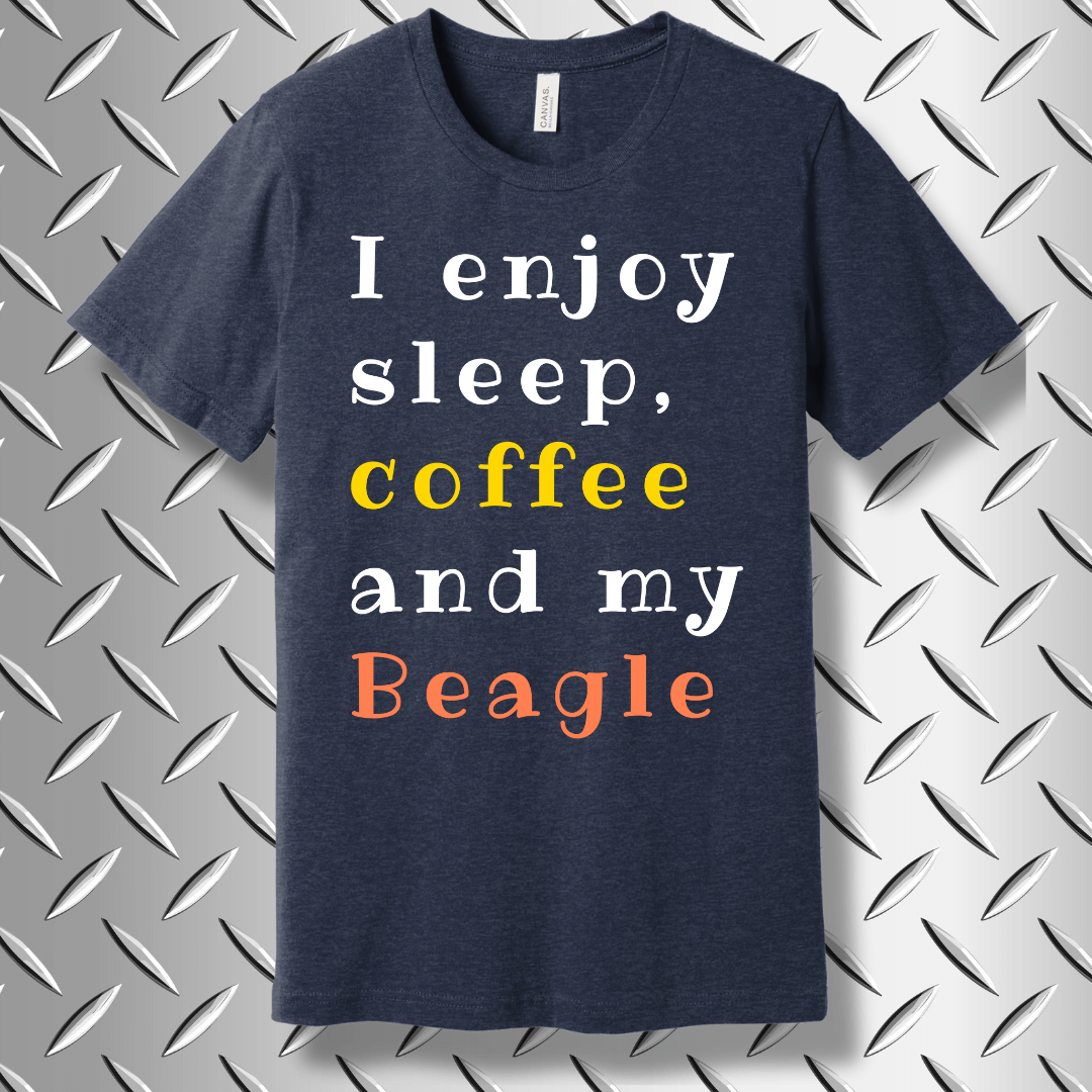 Midnight Navy Heather Beagle lover shirt with sleep, coffee, and dog quote – soft and fun gift tee for Beagle owners.