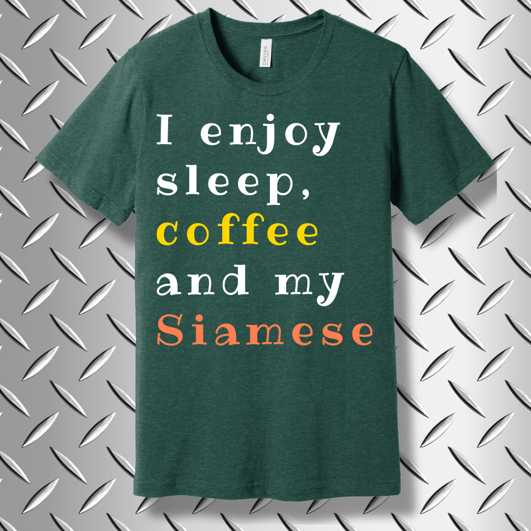 Heather Forest green t-shirt for Siamese cat fans – features funny quote about coffee, naps, and clingy cats.