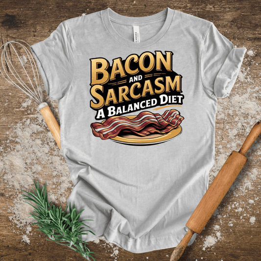Bacon and Sarcasm: A Balanced Diet – Comfortable and Witty T-shirt in Athletic Heather
