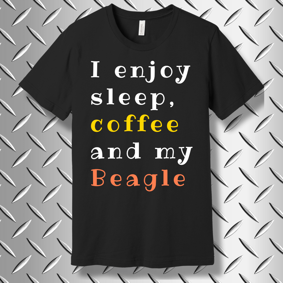 Funny Beagle dog t-shirt in Black Heather with quote "I enjoy sleep, coffee and my Beagle" – perfect for dog lovers and coffee fans.