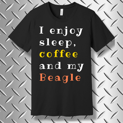 Funny Beagle dog t-shirt in Black Heather with quote "I enjoy sleep, coffee and my Beagle" – perfect for dog lovers and coffee fans.
