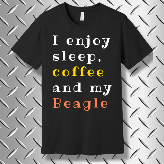Funny Beagle dog t-shirt in Black Heather with quote "I enjoy sleep, coffee and my Beagle" – perfect for dog lovers and coffee fans.