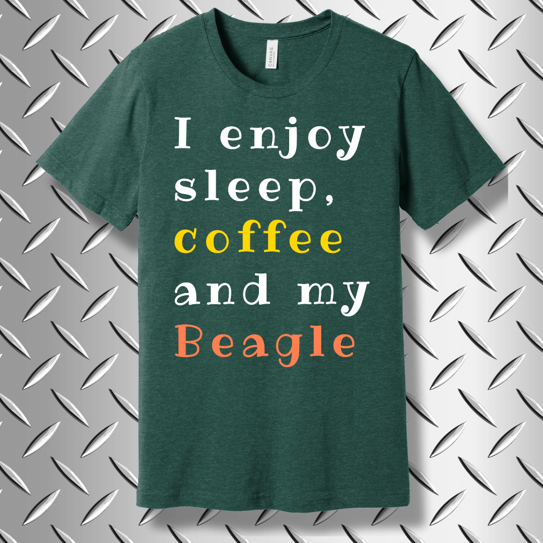 Heather Forest green t-shirt for Beagle owners – features a humorous saying about coffee, naps, and dog companionship.