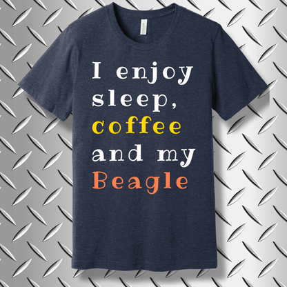 Midnight Navy Heather Beagle lover shirt with sleep, coffee, and dog quote – soft and fun gift tee for Beagle owners.