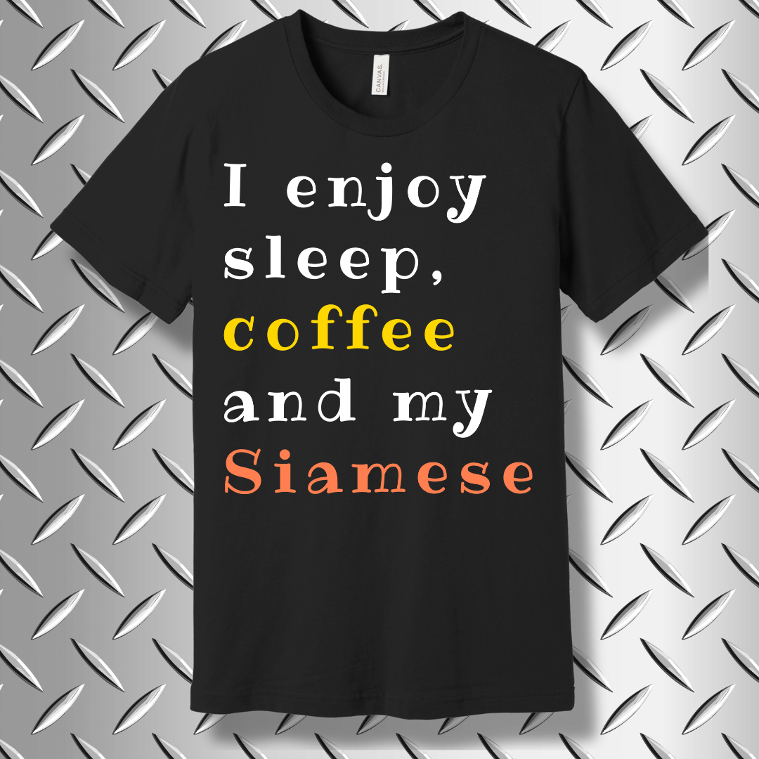Funny Siamese cat t-shirt in Black Heather featuring the phrase "I enjoy sleep, coffee and my Siamese" – perfect gift for cat lovers.