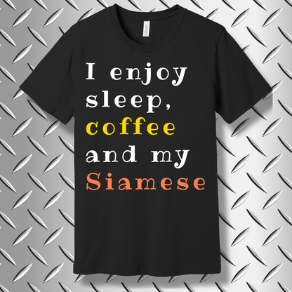 Funny Siamese cat t-shirt in Black Heather featuring the phrase "I enjoy sleep, coffee and my Siamese" – perfect gift for cat lovers.