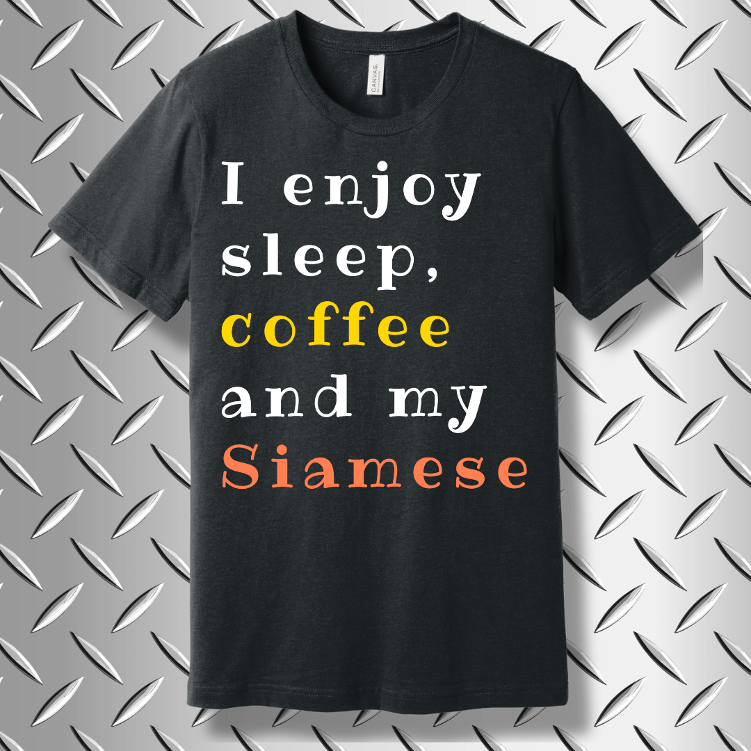 Dark Grey Heather Siamese cat lover shirt with humorous text – cozy and relatable tee for coffee and nap fans.
