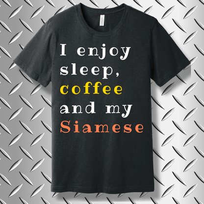 Dark Grey Heather Siamese cat lover shirt with humorous text – cozy and relatable tee for coffee and nap fans.