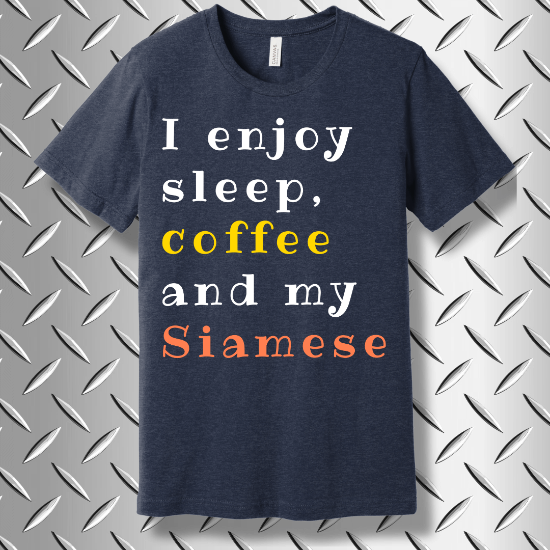 Comfy Midnight Navy Heather t-shirt with funny Siamese cat quote – ideal for cat owners who love sleep and coffee.