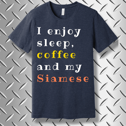 Comfy Midnight Navy Heather t-shirt with funny Siamese cat quote – ideal for cat owners who love sleep and coffee.