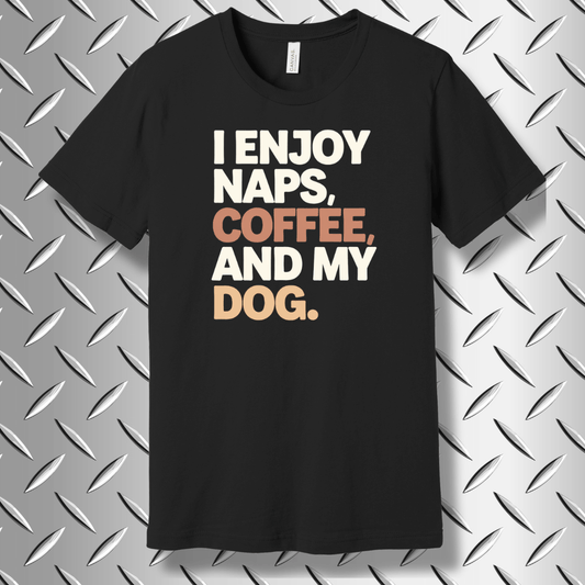 I Enjoy Naps, Coffee, and My Dog – Cozy Dog Lover's T-shirt in Black Heather

