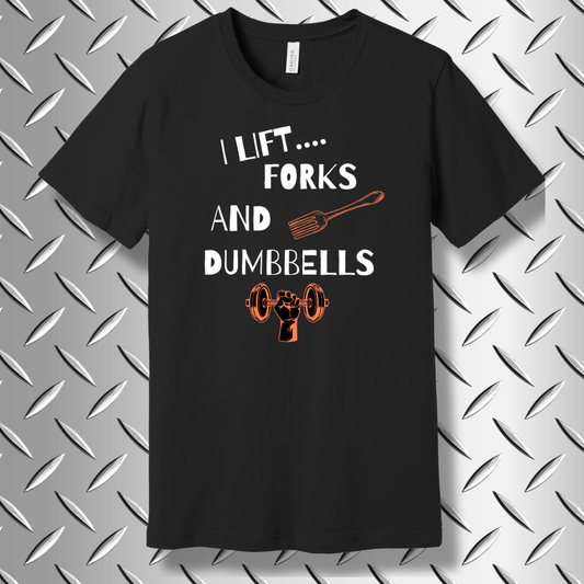I Lift... Forks and Dumbbells – Funny Fitness and Food Lover’s T-shirt in Black Heather
